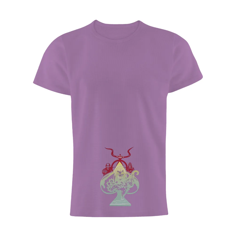 T-Shirts Pattern: Mysterious Figure with Red Horns| Enigmatic smile on a mysterious figure