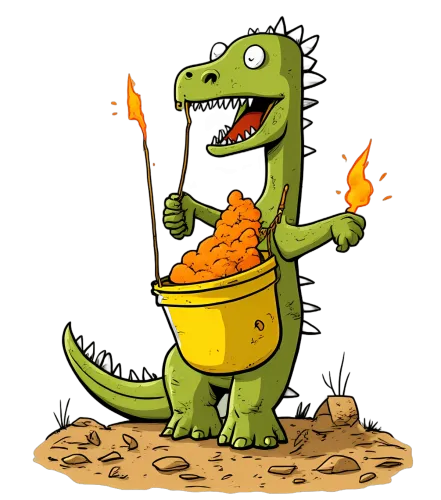 T-Shirts Custom: Playful Dino with Glowing Fire Bucket