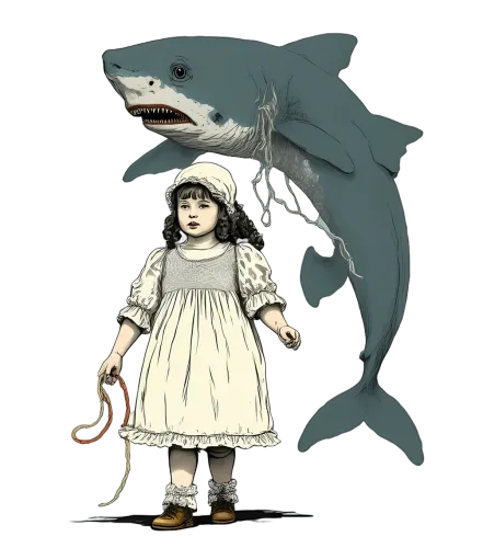 Vintage Girl and Shark Surreal Design Graphic