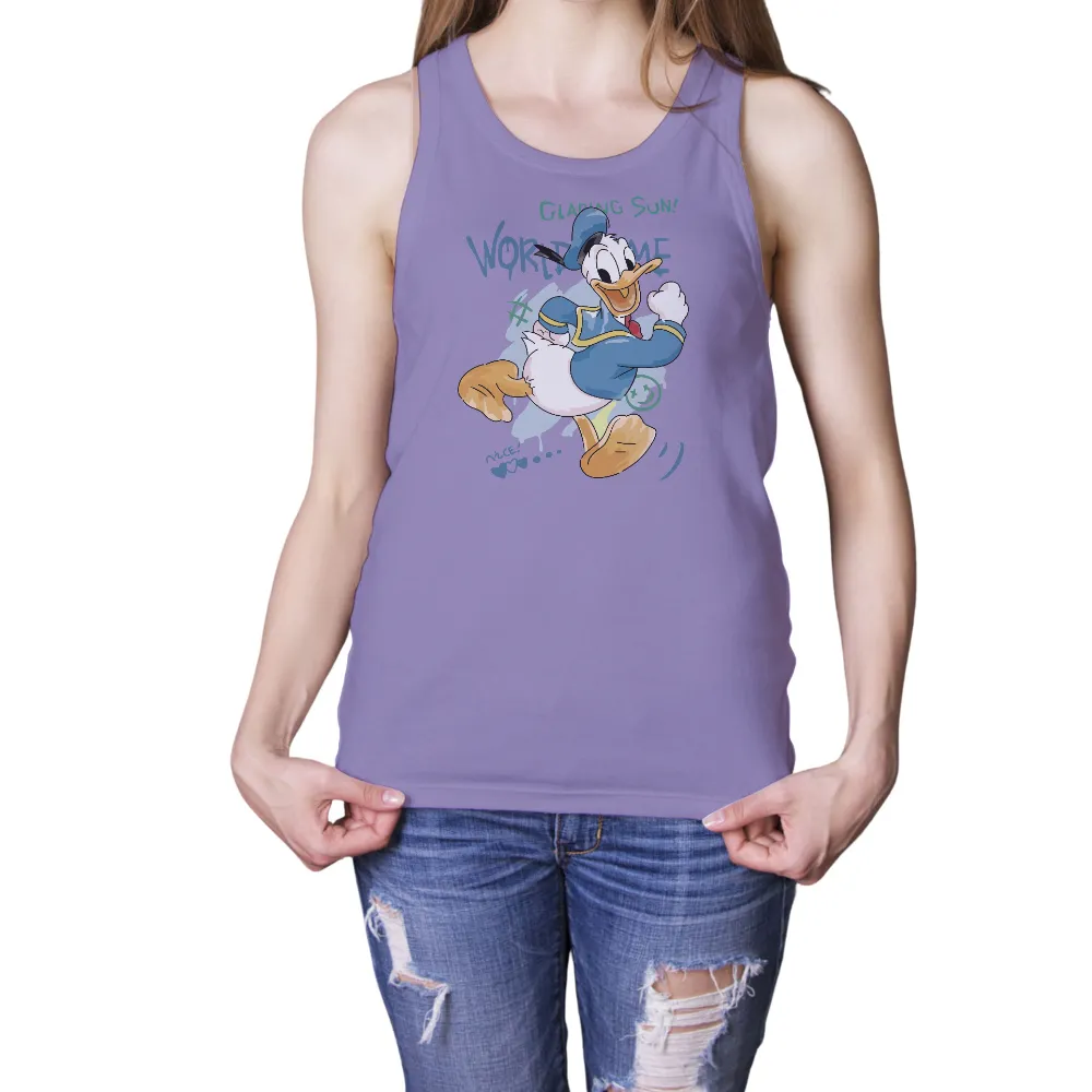 Graphic Tees: Donald Duck Bringing Joy with Clapin Sun and Worliz Me|cartoon with blue shirt