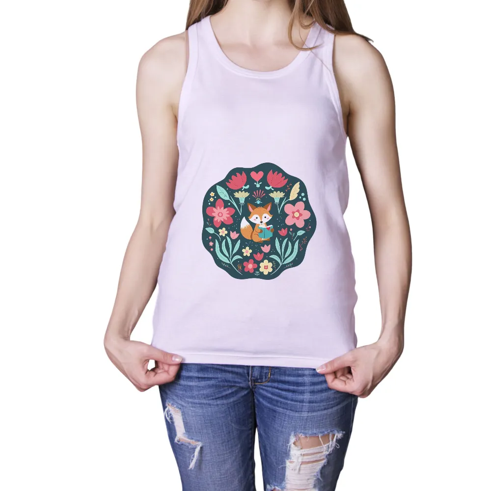 T-Shirts Custom: Whimsical Fox Reading Among Flowers|summer reading 2022 t shirts