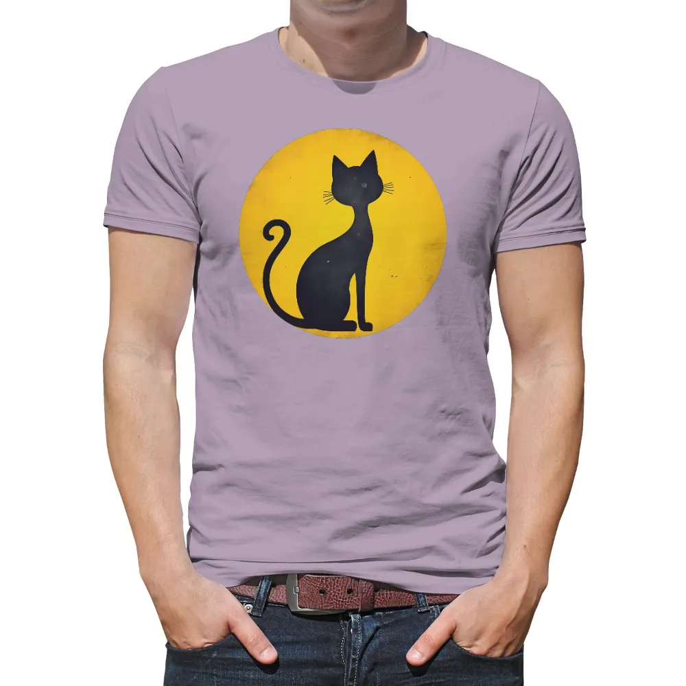 Custom Tee Shirts: Black Cat Silhouette on Yellow - Vintage & Retro Style| vibrant yellow background