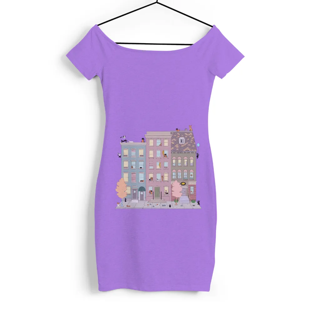 TShirt Printing: Whimsical Cats in Pastel Buildings| Whimsical cat scene