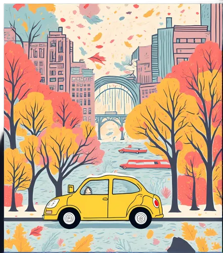 TShirt Design: Autumn Cityscape with Yellow Taxi