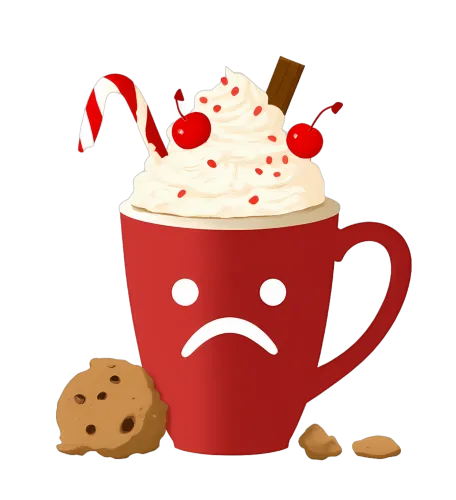 Custom T-Shirt Printing: Sad Cocoa Cup - Holidays, Whipped Cream, Cherries, Cinnamon Stick, Candy Cane