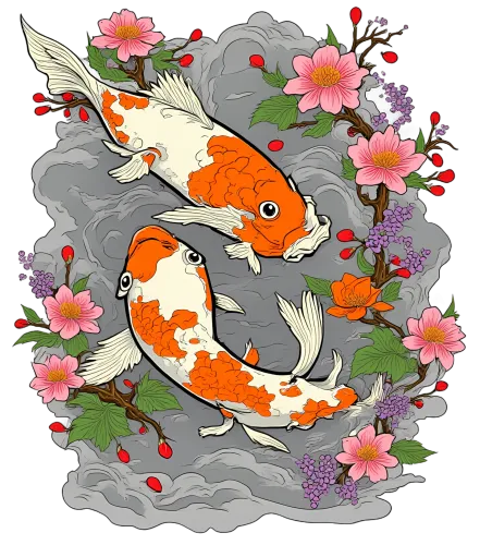 Custom Tee Shirts: Koi Fish Harmony Amidst Cherry Blossoms