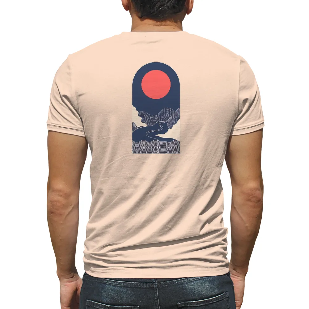 T-Shirts Pattern: Serene Landscape with Red Sun and Winding River| rolling hills