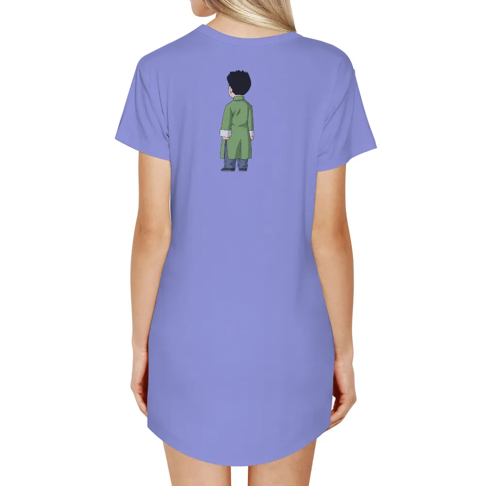 TShirt Printing: Anime Character in Green Coat - Minimalist Design|black shirt cartoon character