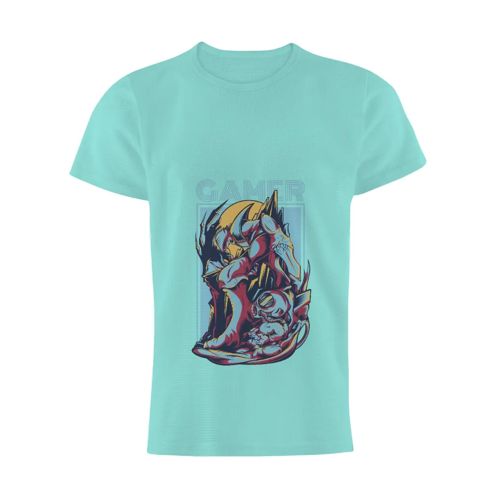 TShirt Design: Warrior Gamer in Vibrant Colors|man woman gamer shirt