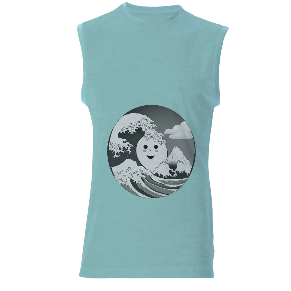 T-Shirts Custom: Whimsical Great Wave | Joyful & Adventurous Design|Smiling face emerging from the wave