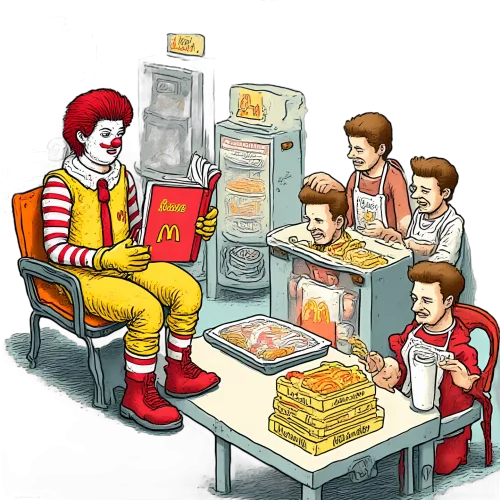 T-Shirts Design: Nostalgic Fast Food Diner with Clown Reading