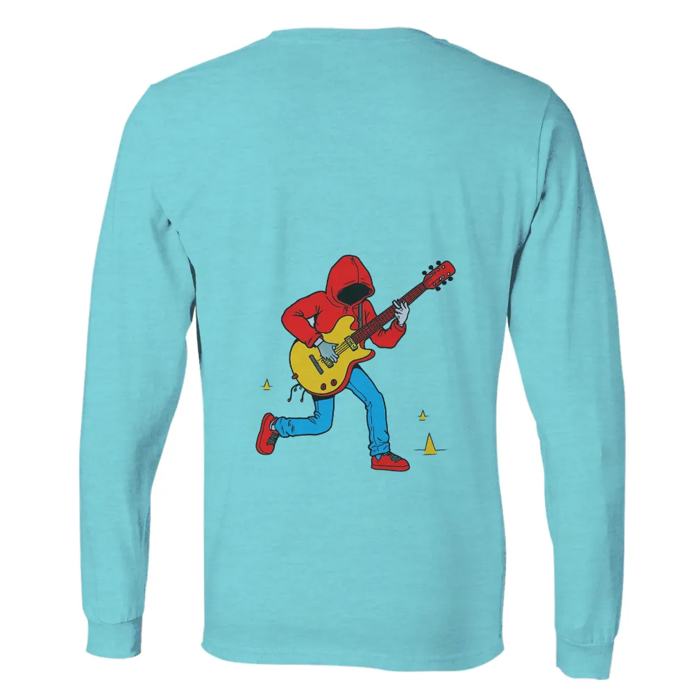 Tee Shirts Printed: Vibrant Musician with Electric Guitar|black shirt with blue jeans