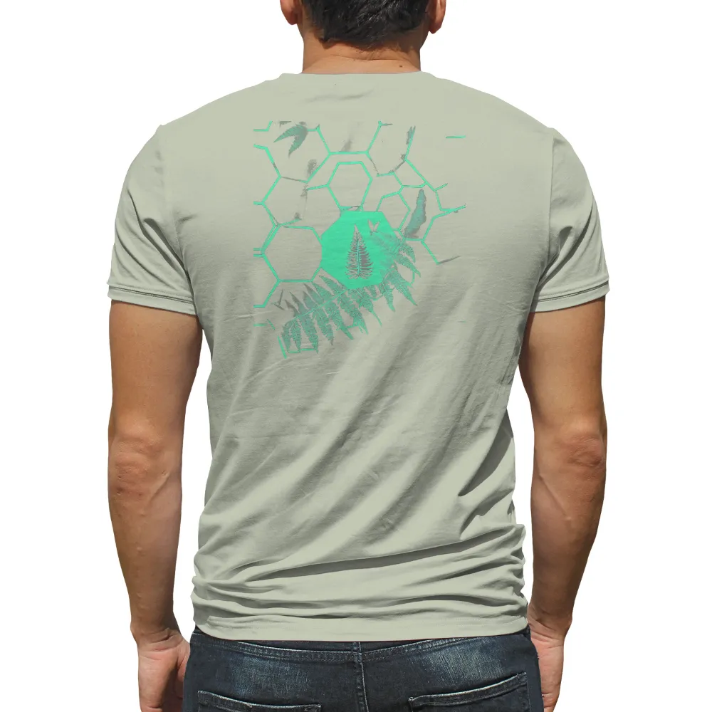 T-Shirts Custom: Ferns & Hexagons - Nature Meets Modern Art| teal and black