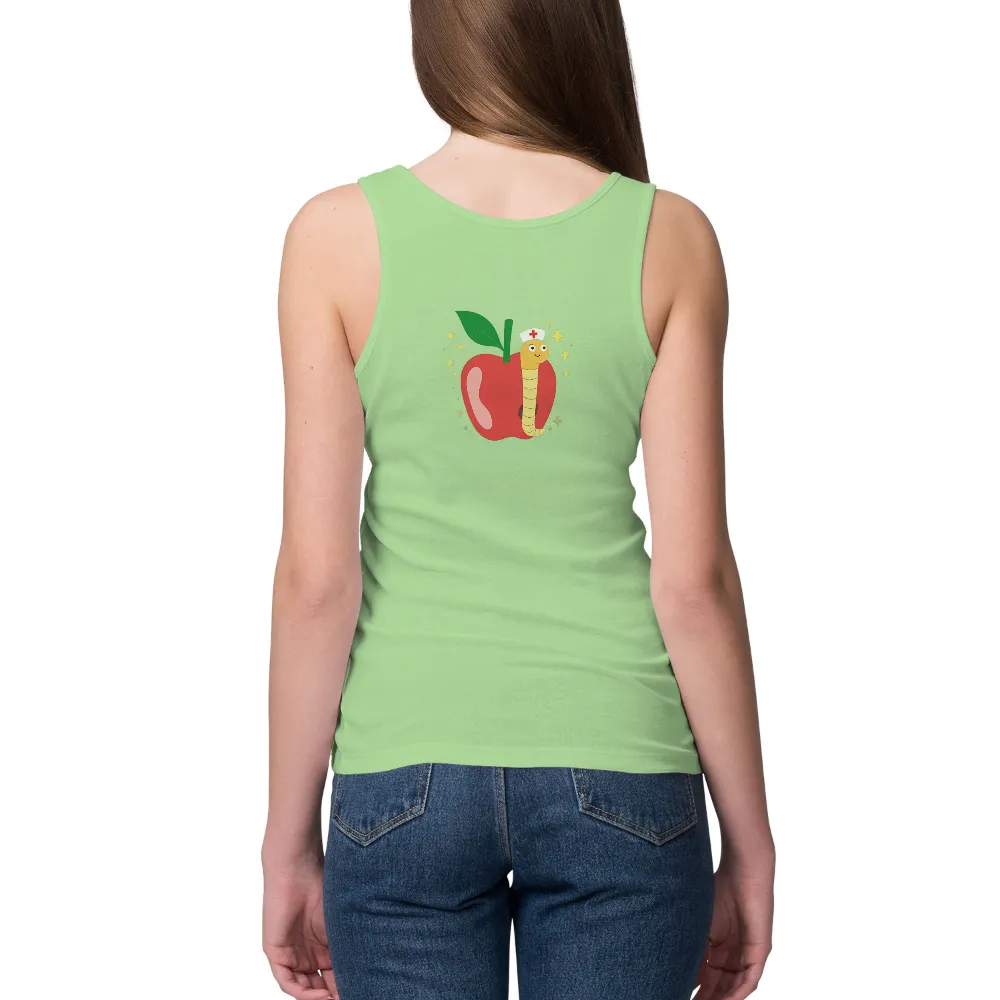 TShirt Design: Whimsical Apple with Nurse Worm| Health-themed apple design