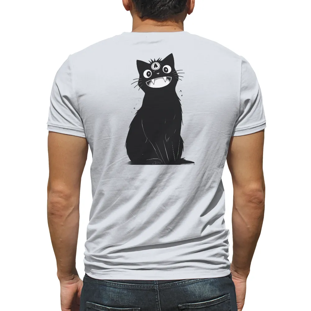 T-Shirt Printing: Quirky Black Cat - Funny & Playful Design| Exaggerated features on a black cat