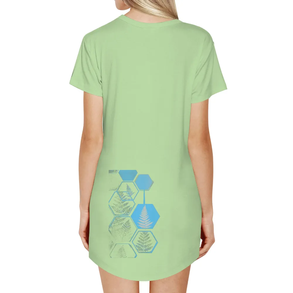 Tee Shirts Printed | Nature-Inspired Fern Leaf Design|white fern leaf on blue hexagon