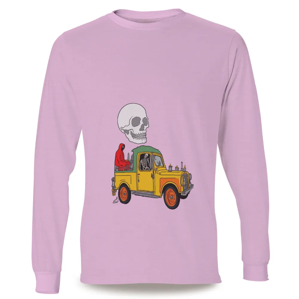 T-Shirts Pattern: Vintage Truck with Skeleton Driver and Red Cloaked Passenger|skeleton shirts dbd