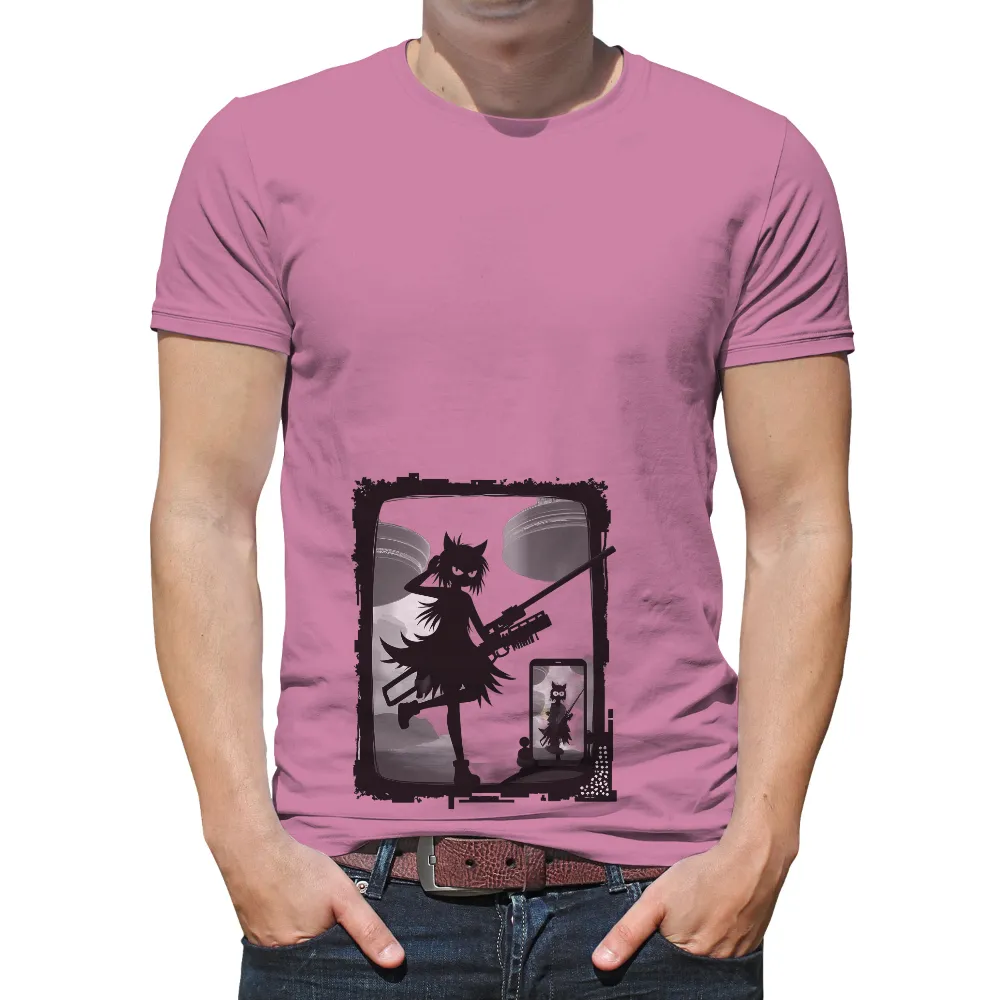 T-Shirts Custom: Shadowy Figure with Rifle - Artistic Design| modern technology