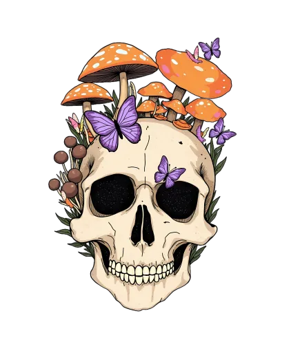 Custom Tee Shirts: Skull with Mushrooms and Butterflies - Artistic Design