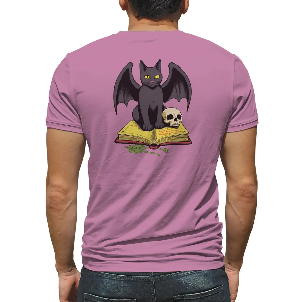 Gothic Art: Black Cat, Bat Wings, Open Book, and Skull Design|skull roblox t shirt