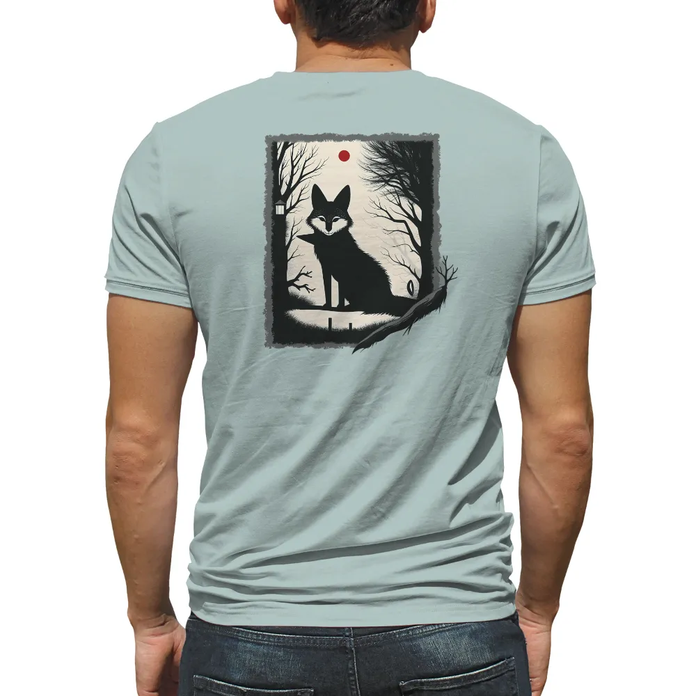 TShirt Design: Black Fox Serenity in Winter Forest| serene black fox