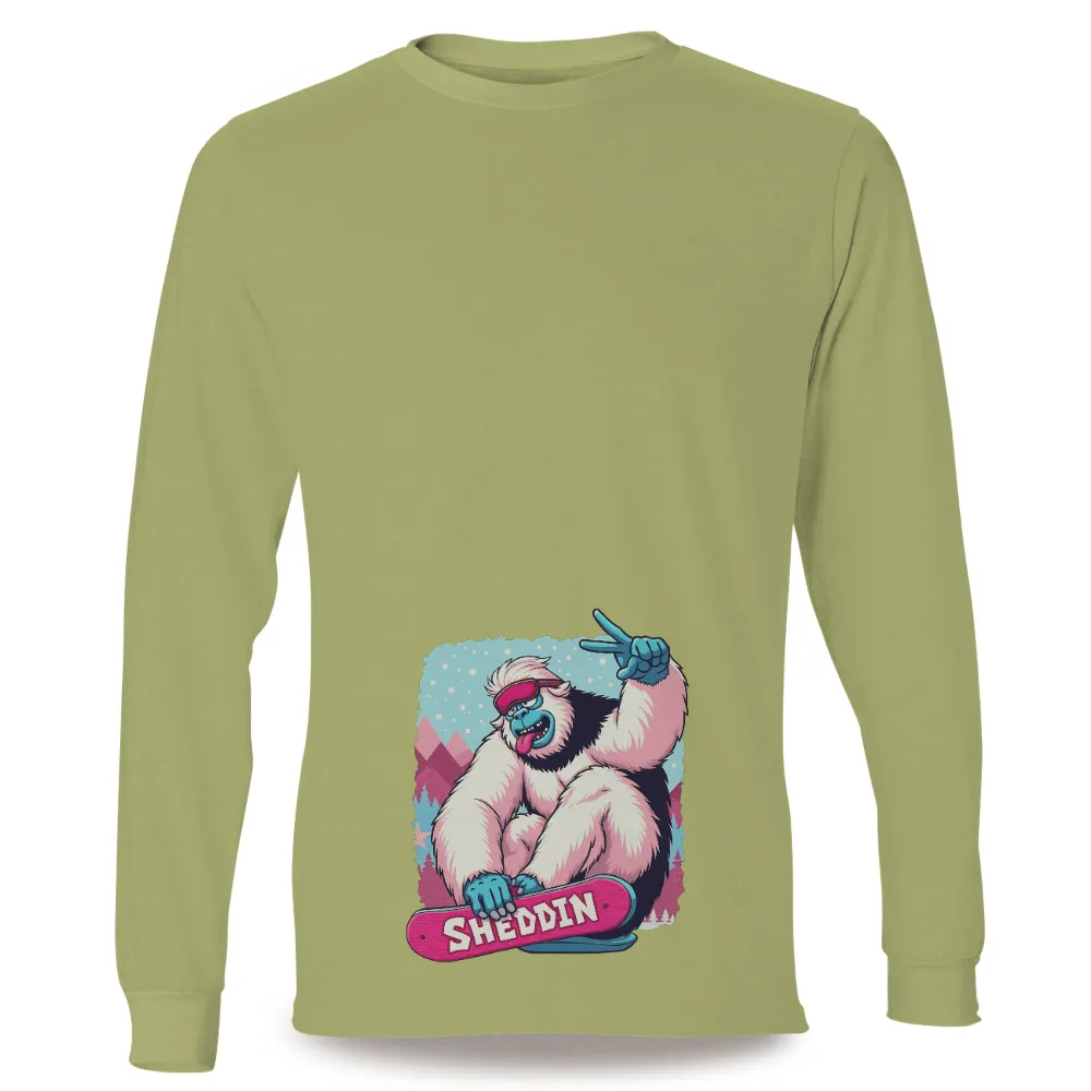 Custom Tee Shirts: Yeti Snowboarding Adventure| Yeti holding snowboard