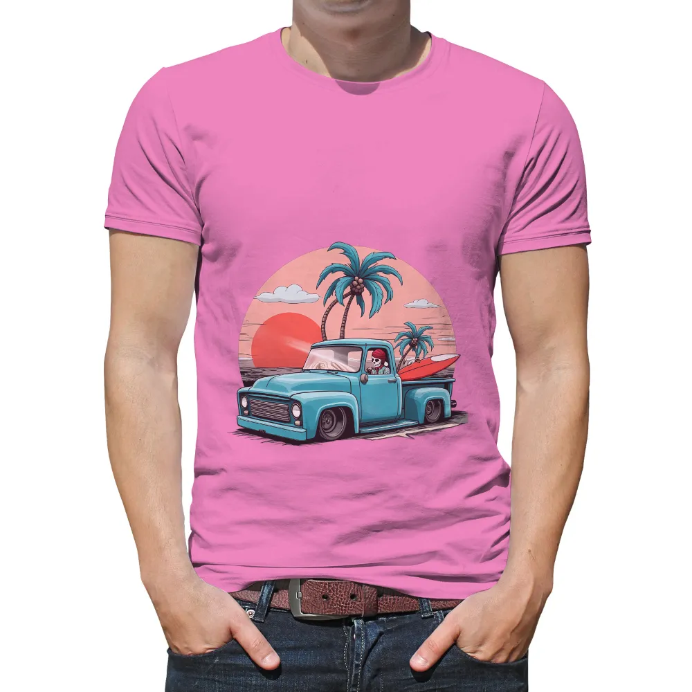 Custom Tee Shirts: Summer Adventure Skeleton Driving Pickup Truck| Tall palm trees framing the image