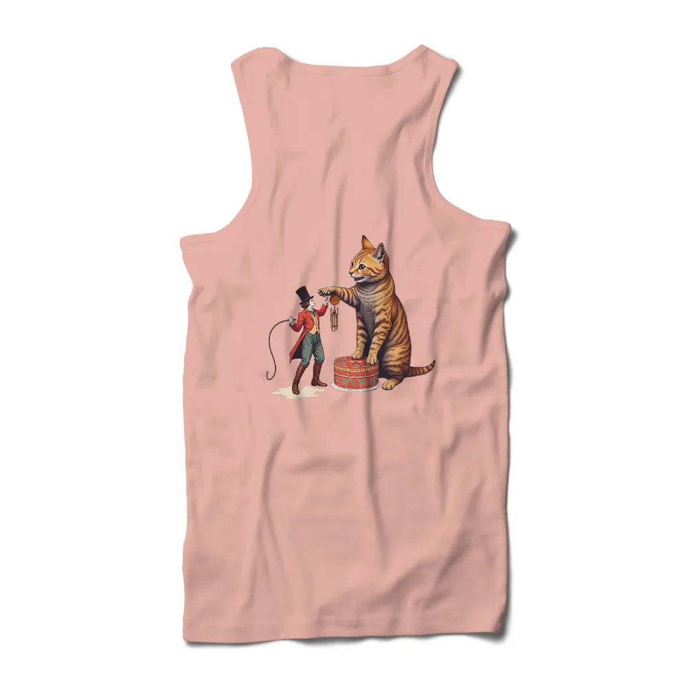 Custom Tee Shirts: Circus Magic with Ringmaster and Cat| Dark background