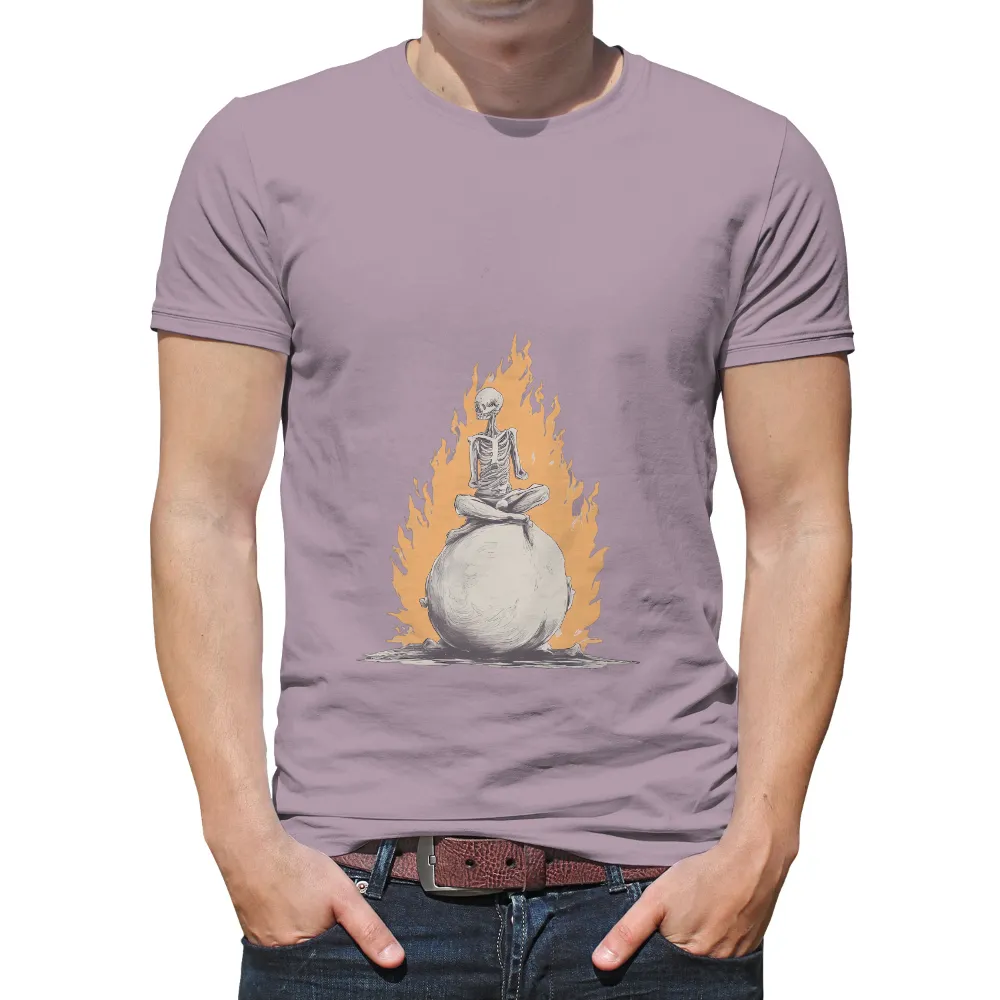 Shirts Graphic Tees: Skeleton Meditation Amidst Flames - Artistic Design|kobe bryant skeleton