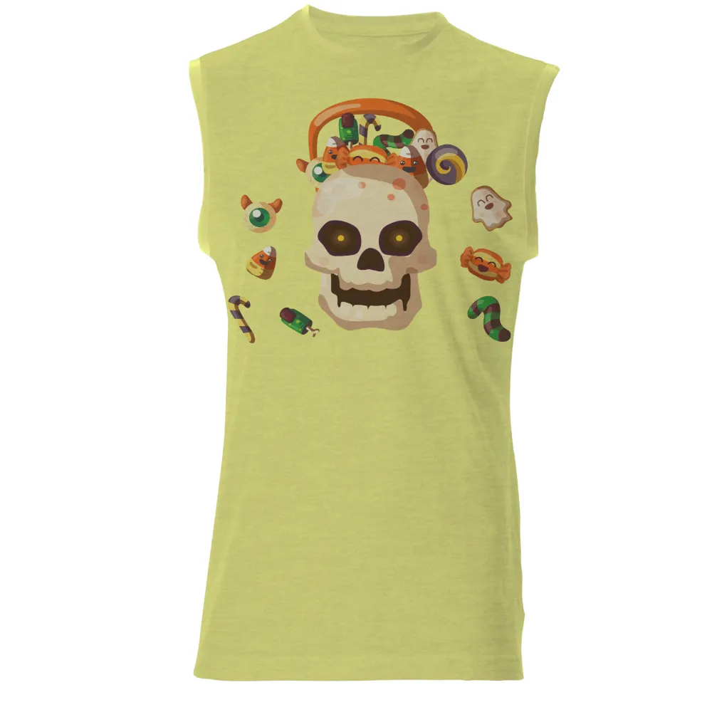 T-Shirts Design: Cheerful Skull Filled with Halloween Candy|animal crossing skull shirt