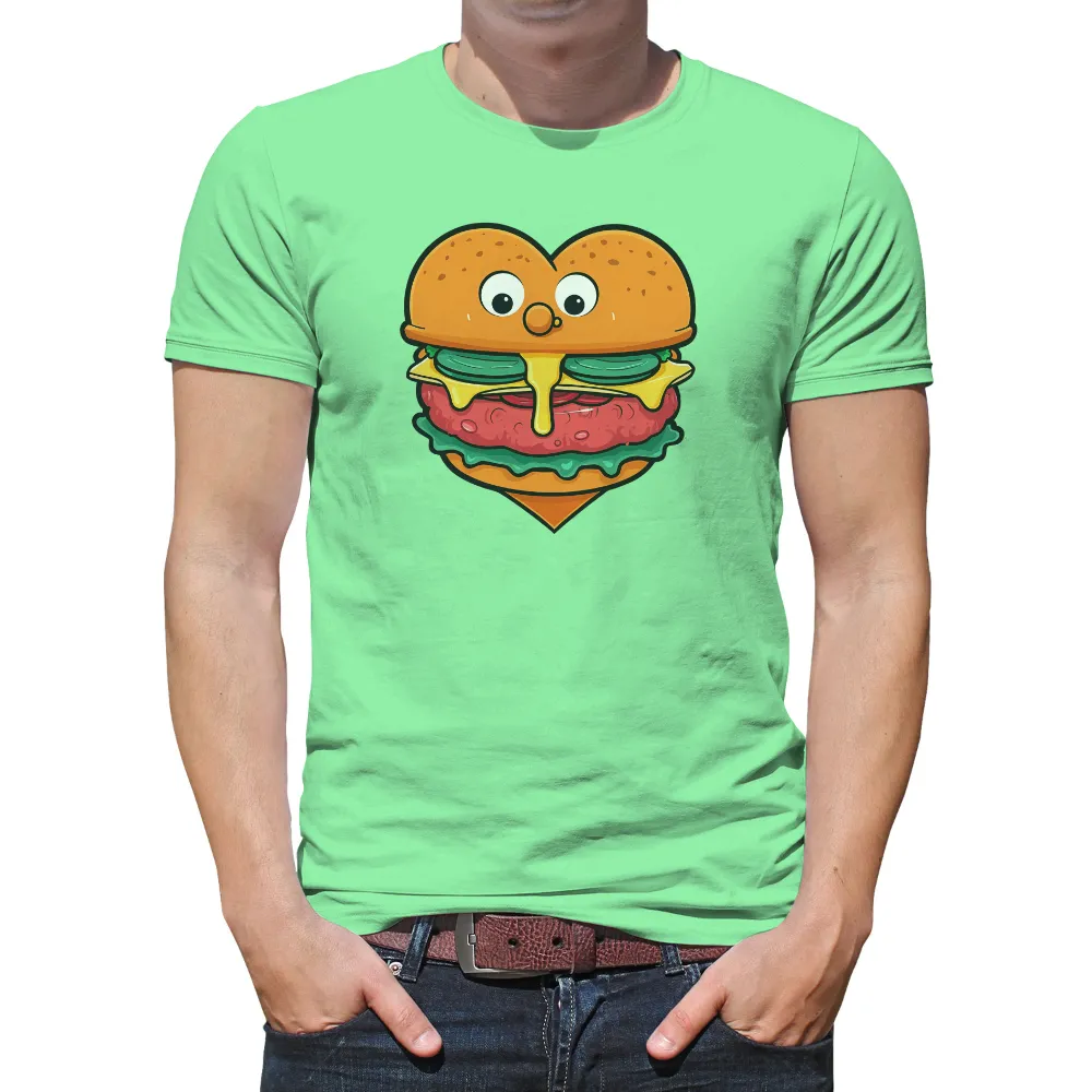 Customized Tee Shirts: Whimsical Heart Burger | Comfort Food Love|Heart-shaped burger with melting cheese