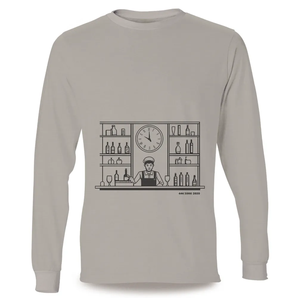 Vintage Bar Scene Art: Bartender, Bottles, Glasses, and Clock Design|vintage 70s led zeppelin shirt