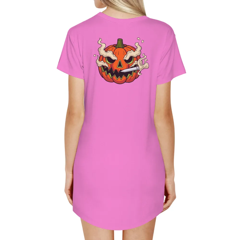 Custom Tee Shirts: Spooky Pumpkin with Knife for Halloween| Sinister pumpkin holding a knife