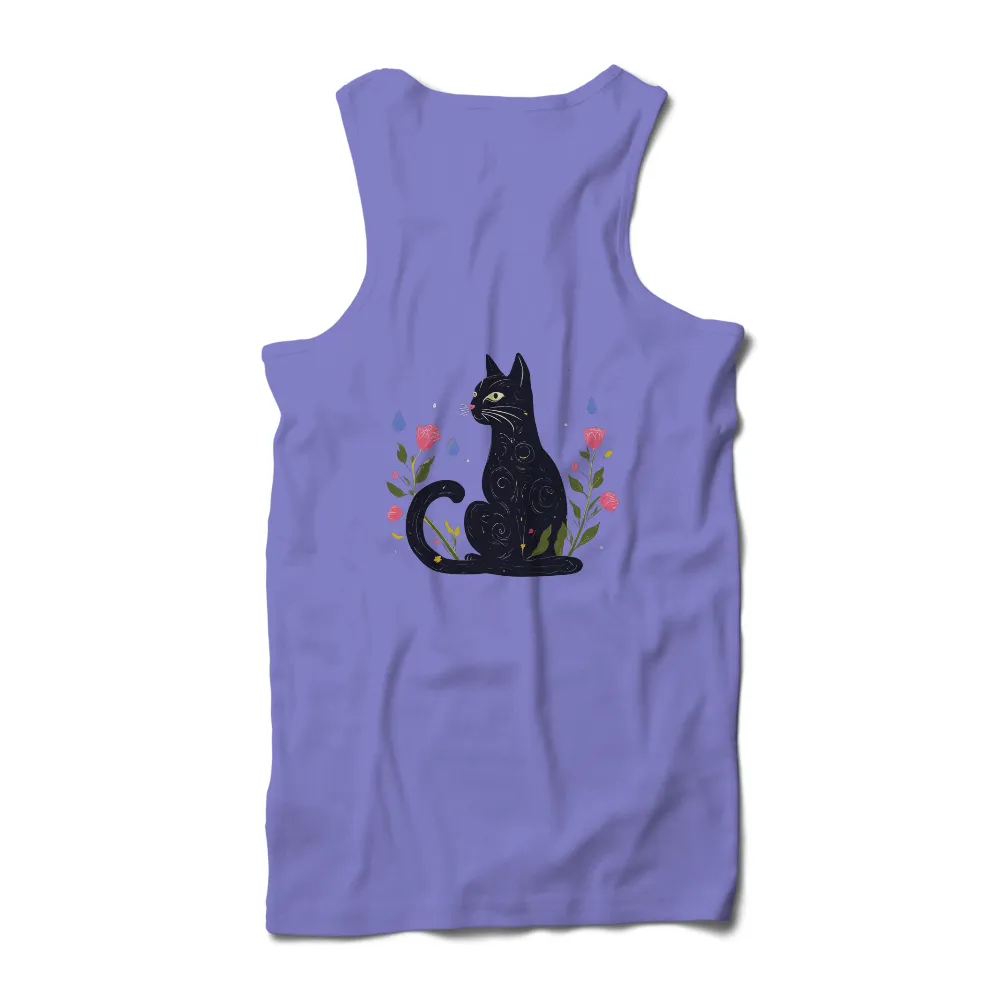 Customized Tee Shirts: Black Cat Among Pink Roses - Artistic Design|mystery shirt in a box