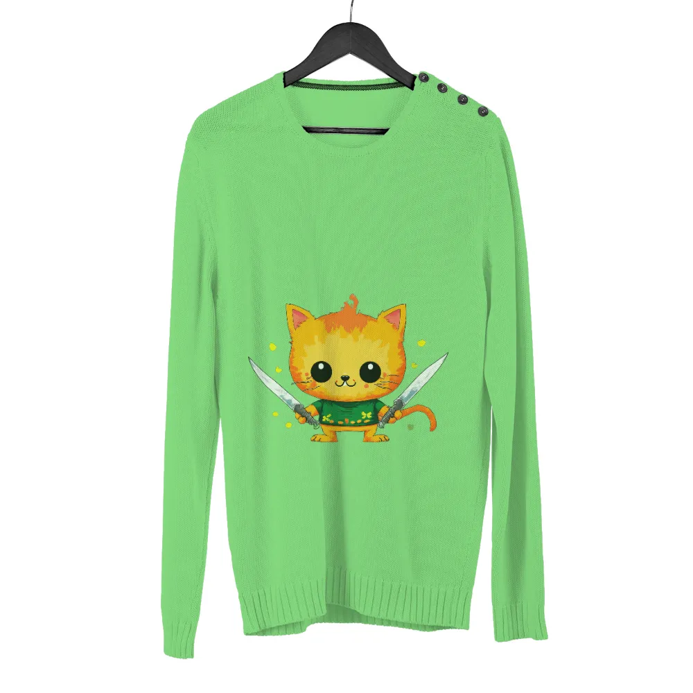 Customized Tee Shirts: Adorable Warrior Cat | Anime-Inspired Design| Two swords