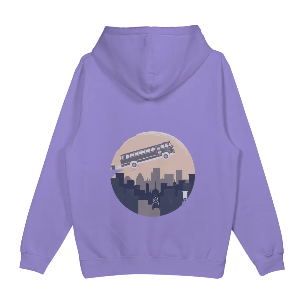 Custom T-Shirt Printing: Vintage Bus Soaring Over Cityscape|freedom is essential t shirt