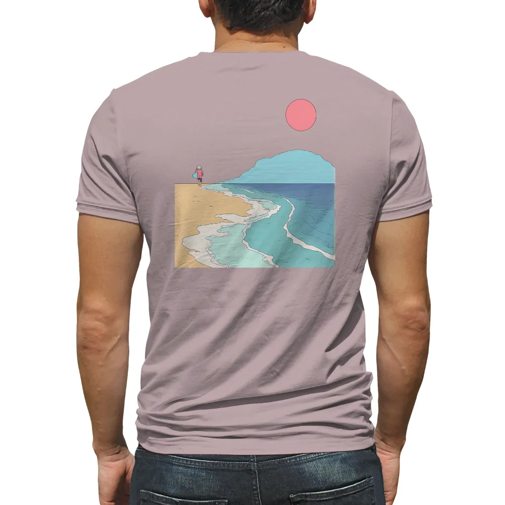 Tee Shirts Printed: Minimalist Surfer's Dream - Pink Sun and Ocean Harmony|pink super mario kart shirt