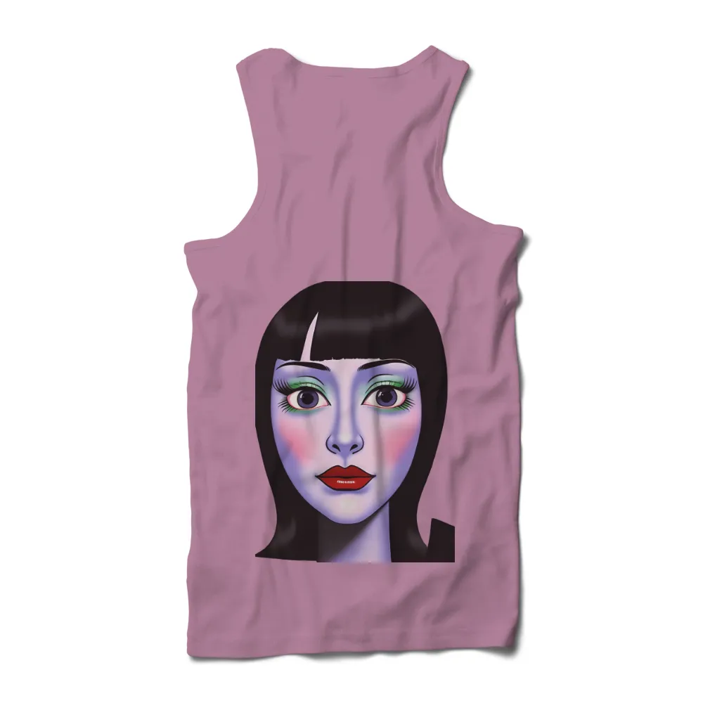 Tee Shirt Printing: Cyberpunk Luna - Expressive Eyes, Red Lips, Vibrant Colors|mens futuristic shirt