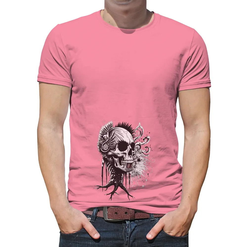 Customized Tee Shirts: Monochrome Skull with Feathers and Roots|new design shirt 2022