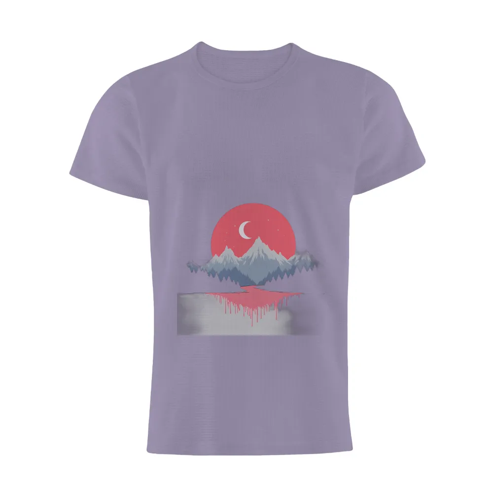 Mystical Night Landscape with Glowing Red Moon: A Serene Artistic Design|t shirt painting on nature