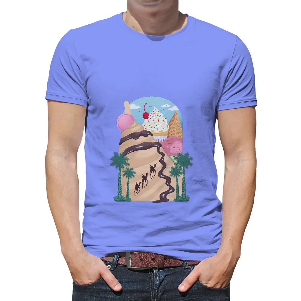 TShirt Design: Ice Cream Adventure in the Desert| Camels walking through sand dunes