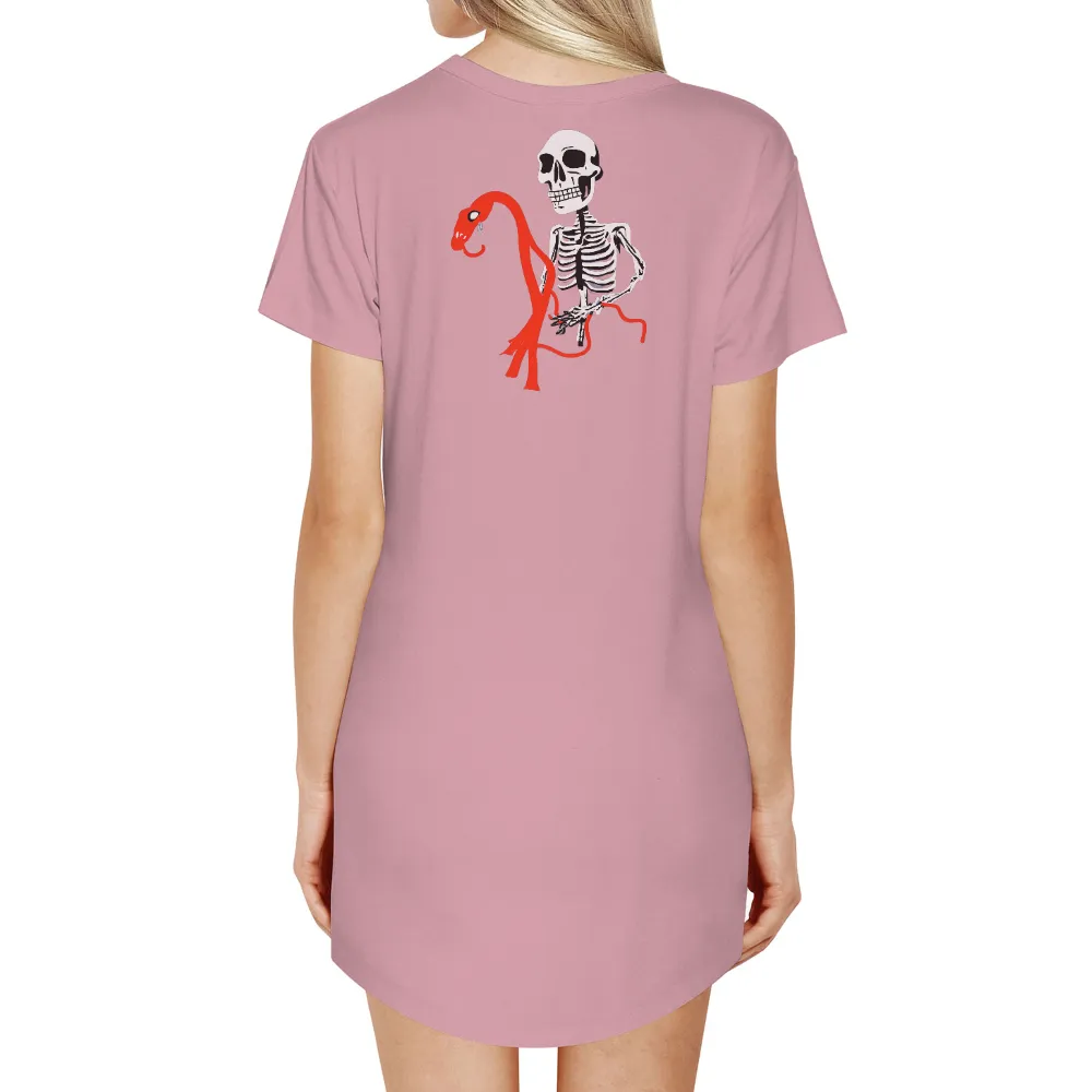 Graphic Tees: Skeleton & Flamingo - Macabre Whimsy|Skeleton holding a red flamingo