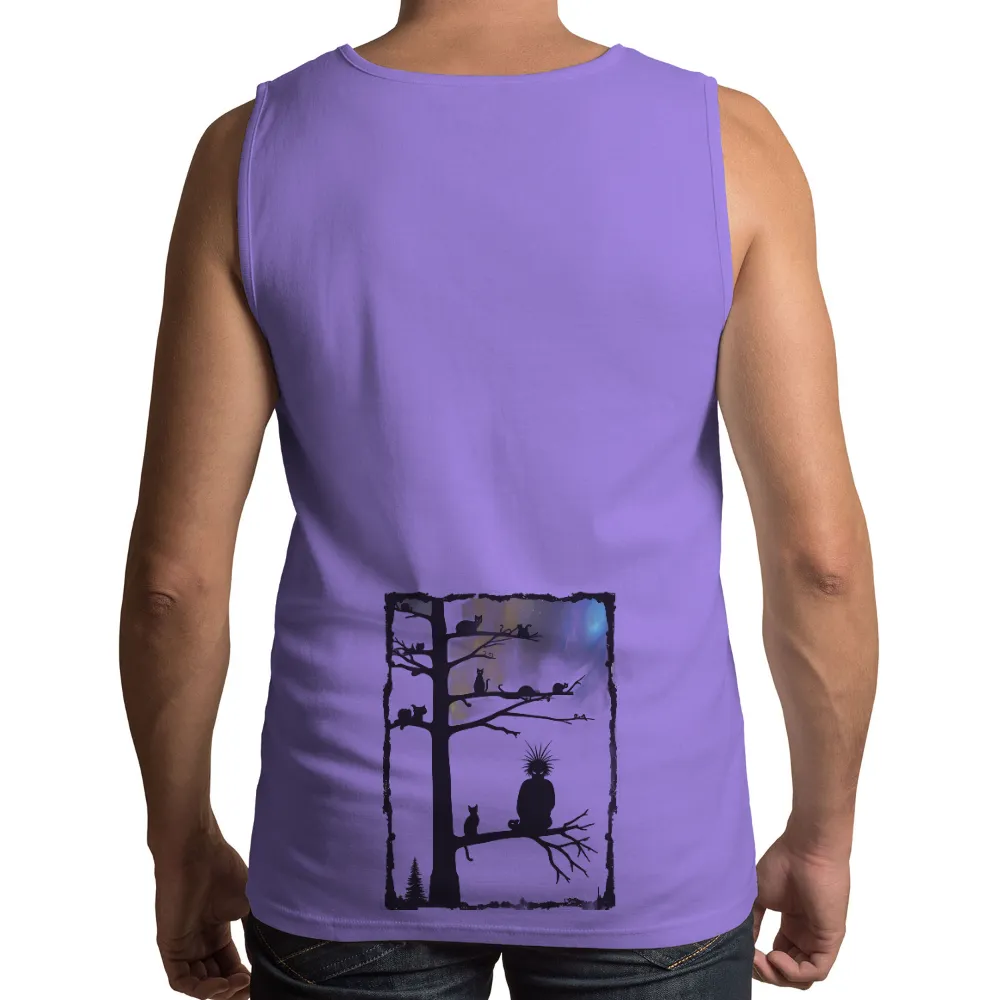 TShirt Design: Night Guardian and Cats|Solitary figure on a branch