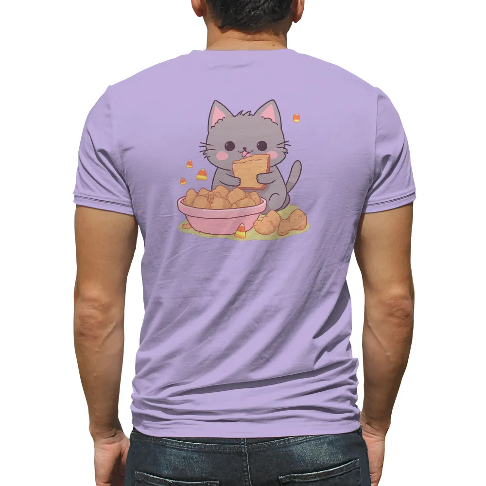 Custom T-Shirt Printing: Whiskers' Fried Chicken Feast | Funny & Whimsical Tees| Whiskers enjoying a feast