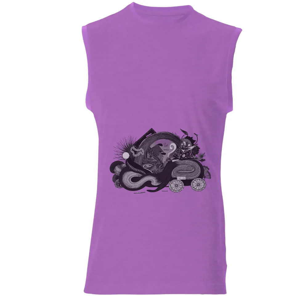 Shirts Graphic Tees: Whimsical Creature on Cart - Explore the Unknown|high quality design t shirts