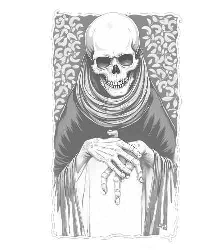 Tee Shirts Printed: Skeletal Monk - Artistic Reflections on Life and Death