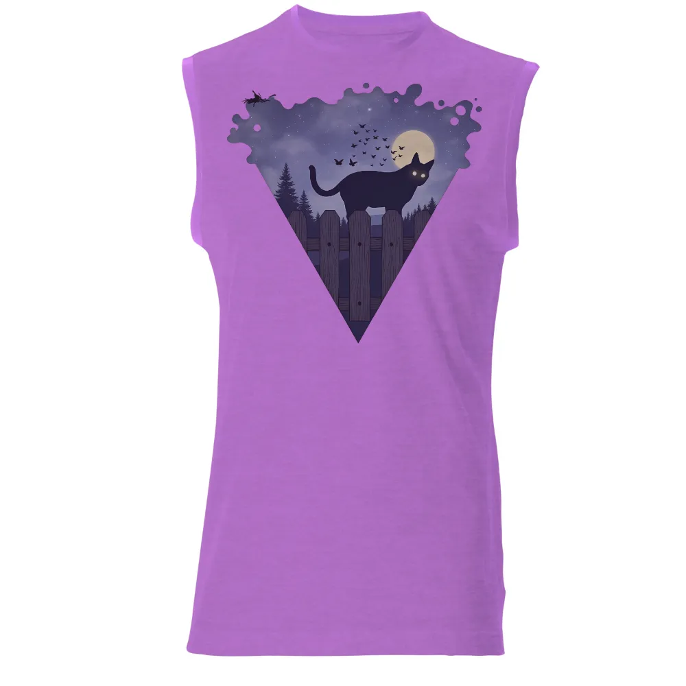 Tee Shirts Printed: Black Cat Guardian Under the Full Moon|Black cat on a wooden fence