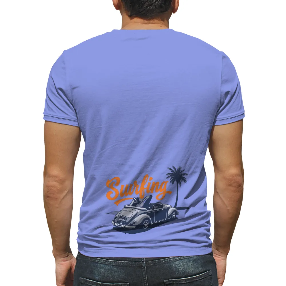 T-Shirt Printing: Vintage Surfing Adventure with Beetle Convertible| Vibrant orange cursive text