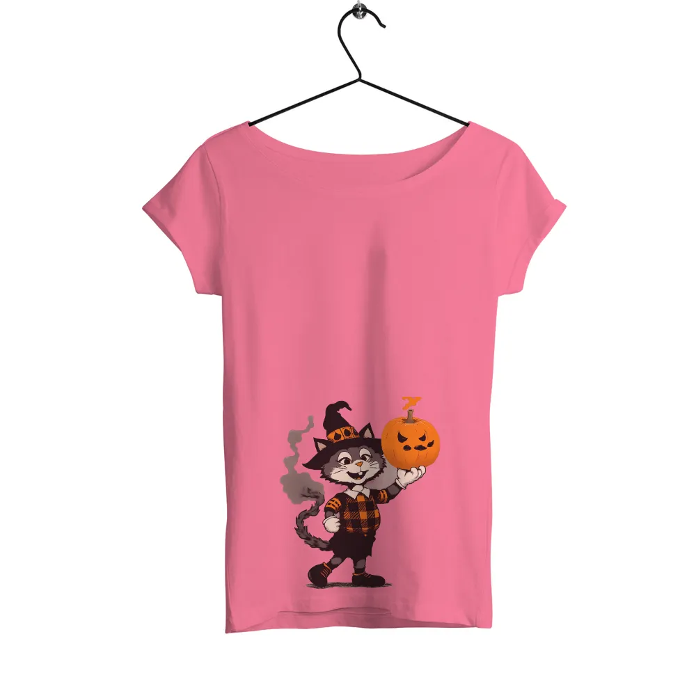 Halloween T-Shirts Pattern: Playful Cat with Pumpkin|Playful cat character