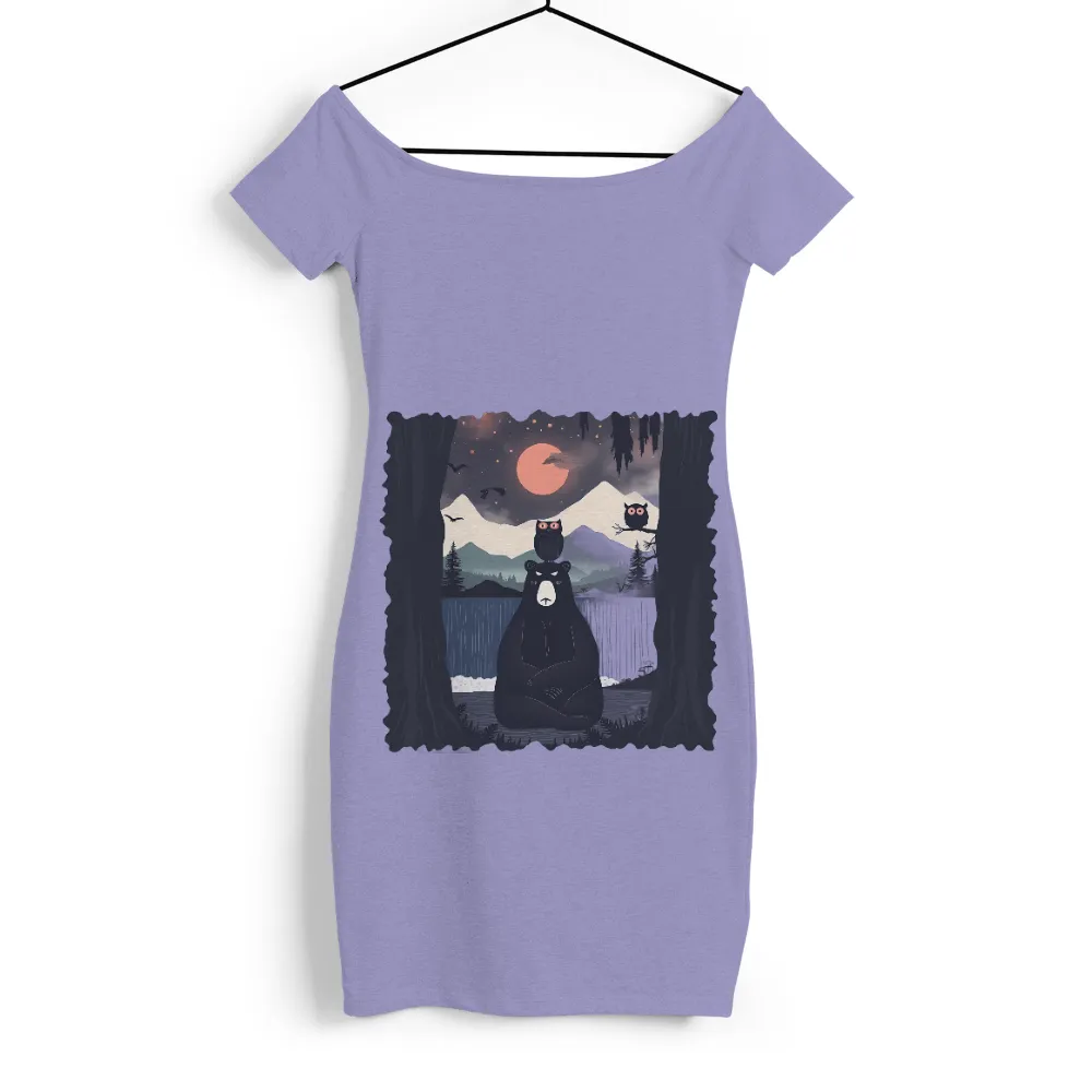 TShirt Printing: Serene Bear and Owls Under the Moon| Owl perched on bear's head